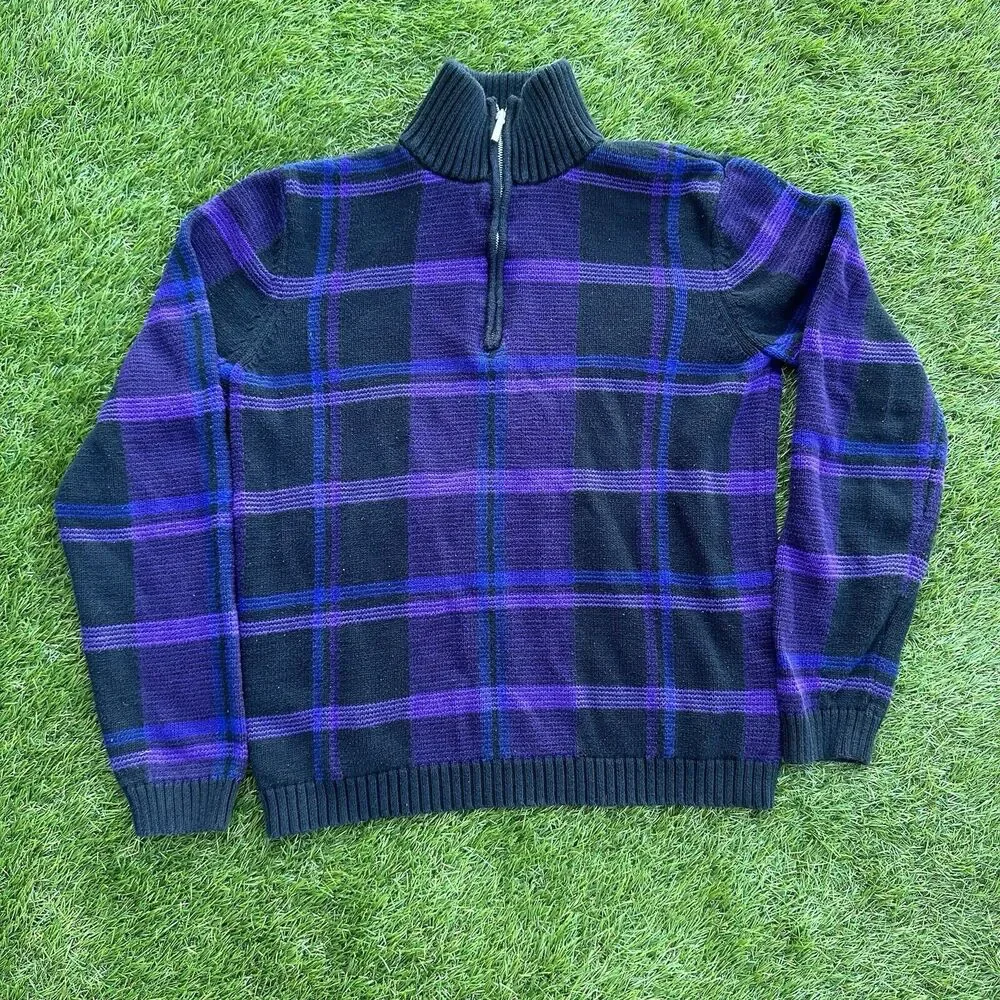 Lauren Ralph Lauren Sweater Womens Size Medium Purple Black Mock‎ Neck 1/4 Zip
